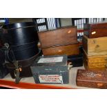 A GROUP OF WOODEN BOXES AND LEATHER CASES ETC, to include a World War Two P12 aeronautical compass