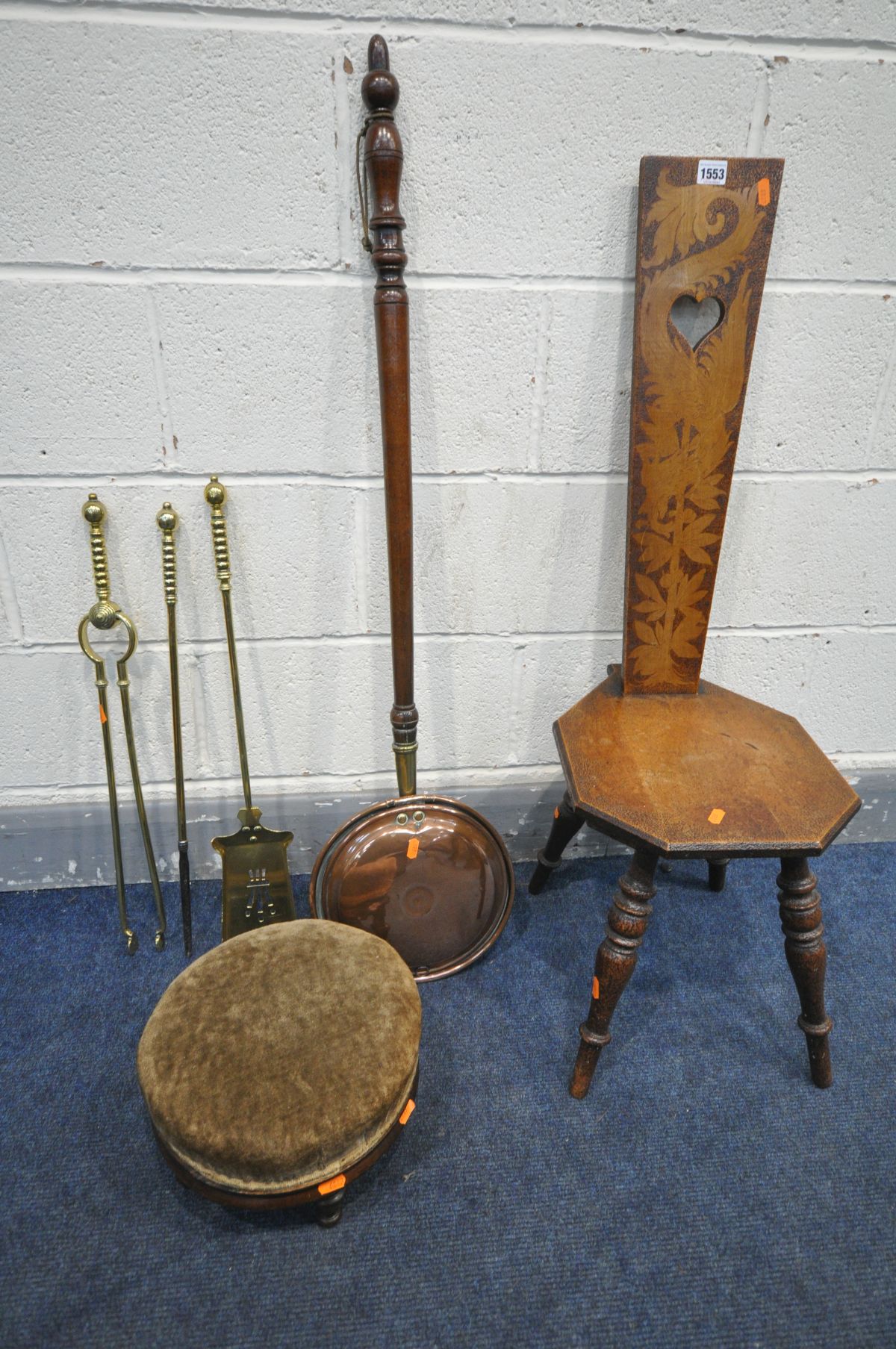 A 19TH CENTURY POKERWORK SPINNING CHAIR, along with an Edwardian mahogany footstool, a copper