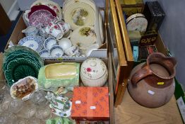 THREE BOXES AND LOOSE CERAMICS, GLASS WARES, TINS AND PICTURES, to include cut crystal by Stuart and