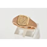 A GENTLEMENS 9CT GOLD SIGNET RING, of a square design with an engraved monogram, to a plain polished