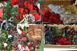 FIVE BOXES AND LOOSE ARTIFICIAL CHRISTMAS TREES AND DECORATIONS, to include four mini trees, a