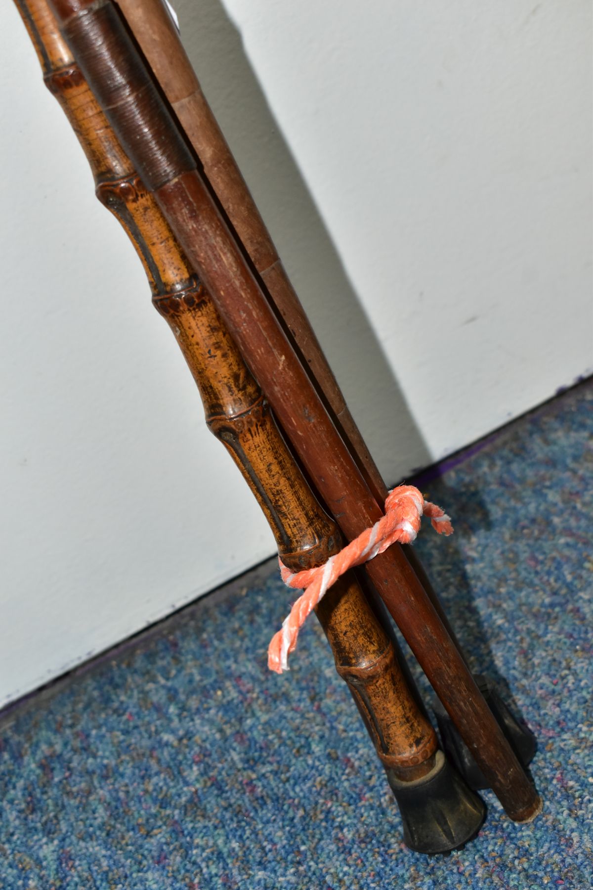 FOUR WALKING STICKS, various materials, one malacca stick, three have antler handles, one with a - Image 3 of 10