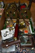 TWO BOXES AND LOOSE METALWARES, SUNDRIES ETC, to include a brass and mahogany telescope by