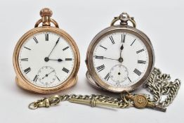 TWO OPEN FACE POCKET WATCHES AND AN ALBERT CHAIN, to include a gold-plated open face pocket watch,