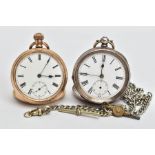 TWO OPEN FACE POCKET WATCHES AND AN ALBERT CHAIN, to include a gold-plated open face pocket watch,
