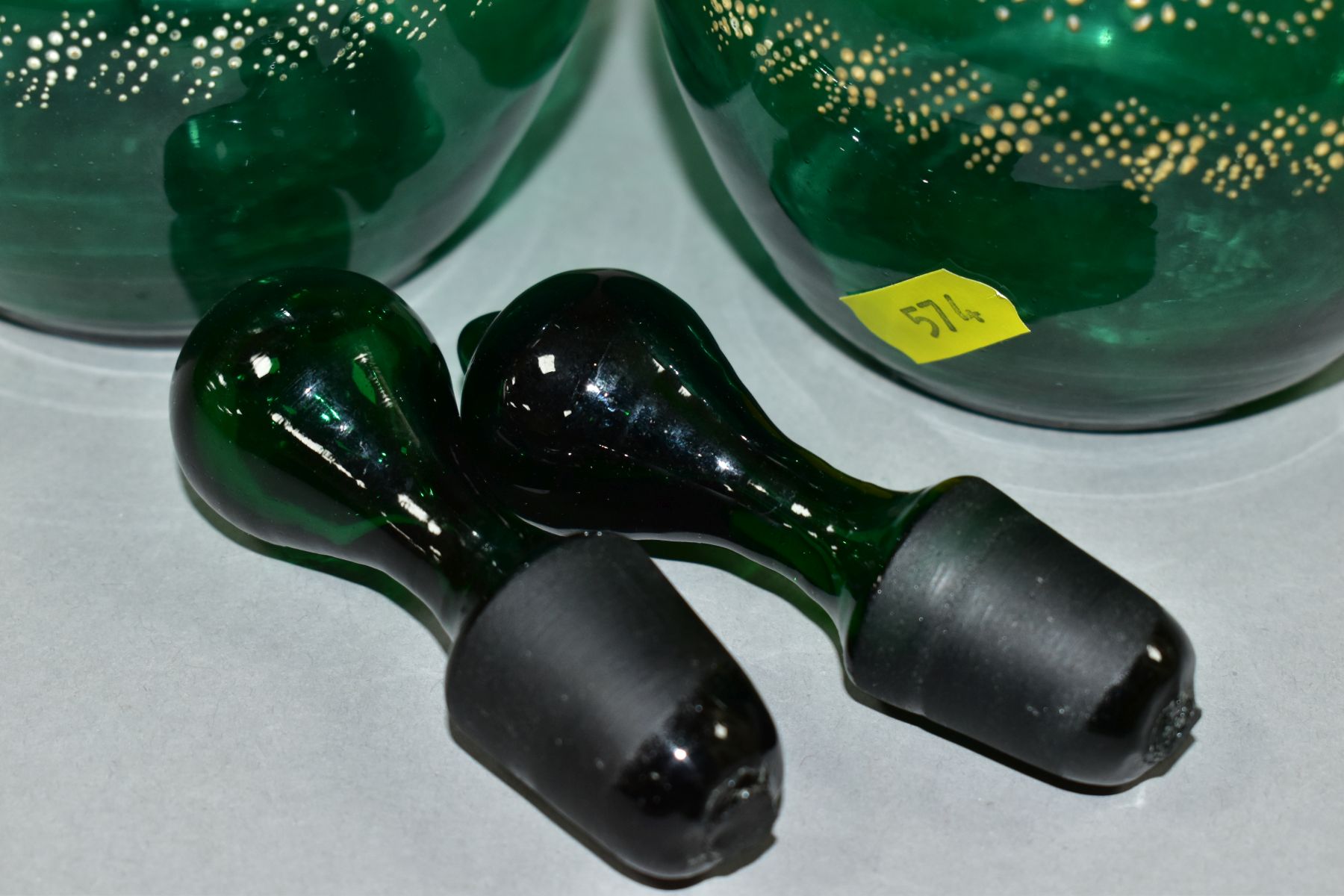 A PAIR OF VICTORIAN GREEN GLASS DECANTERS, with stoppers and four bands of dotted floral and other - Image 7 of 10