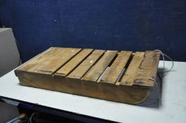 A VINTAGE WOODEN SLED with a metal runner on a hardwood and plywood frame length 95cm x width 45cm