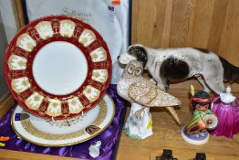 A GROUP OF CERAMIC FIGURES AND TWO PLATES, to include a boxed Spode Lichfield Cathedral plate