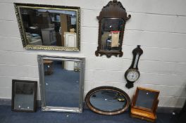 A REGENCY STYLE MAHOGANY FRETWORK WALL MIRROR, 45cm x 83cm, an Edwardian oak aneroid barometer, a