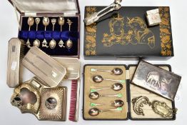 A SELECTION OF SILVER AND WHITE METAL ITEMS, to include a cased set of six silver art deco style