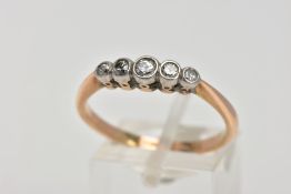 A YELLOW METAL FIVE STONE DIAMOND RING, designed with five graduated round brilliant cut diamonds,