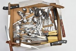 A BOX OF ASSORTED LOOSE CUTLERY, white metal cutlery to include knives, forks, tablespoons,