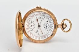 A FULL HUNTER TWIN DIAL CHRONOGRAPH POCKET WATCH, the dial sits 90 degrees anti-clockwise, rubbed