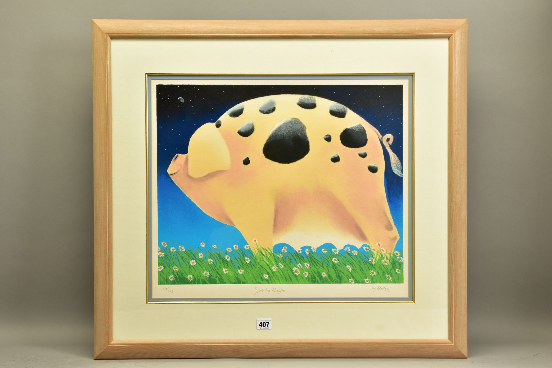 MACKENZIE THORPE (BRITISH 1956) 'SPOT BY NIGHT' A SIGNED LIMITED EDITON PRINT OF A PIG, 145/275 no