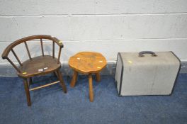 AN ELM AND BEECH CHILD'S CHAIR with a rounded back, along with a triple legged stool and a cased