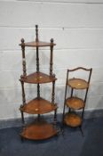 A REPRODUCTION MAHOGANY FOUR TIER WHATNOT, height 132cm and a walnut three tier folding cake