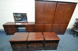 A MODERN MAHOGANY SIX PIECE BEDROOM SUITE comprising two double door wardrobes, width 94cm x depth