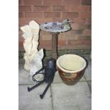 A METAL CIRCULAR BIRD BATH, diameter 35cm x height 57cm, a composite statue of a semi clad women,