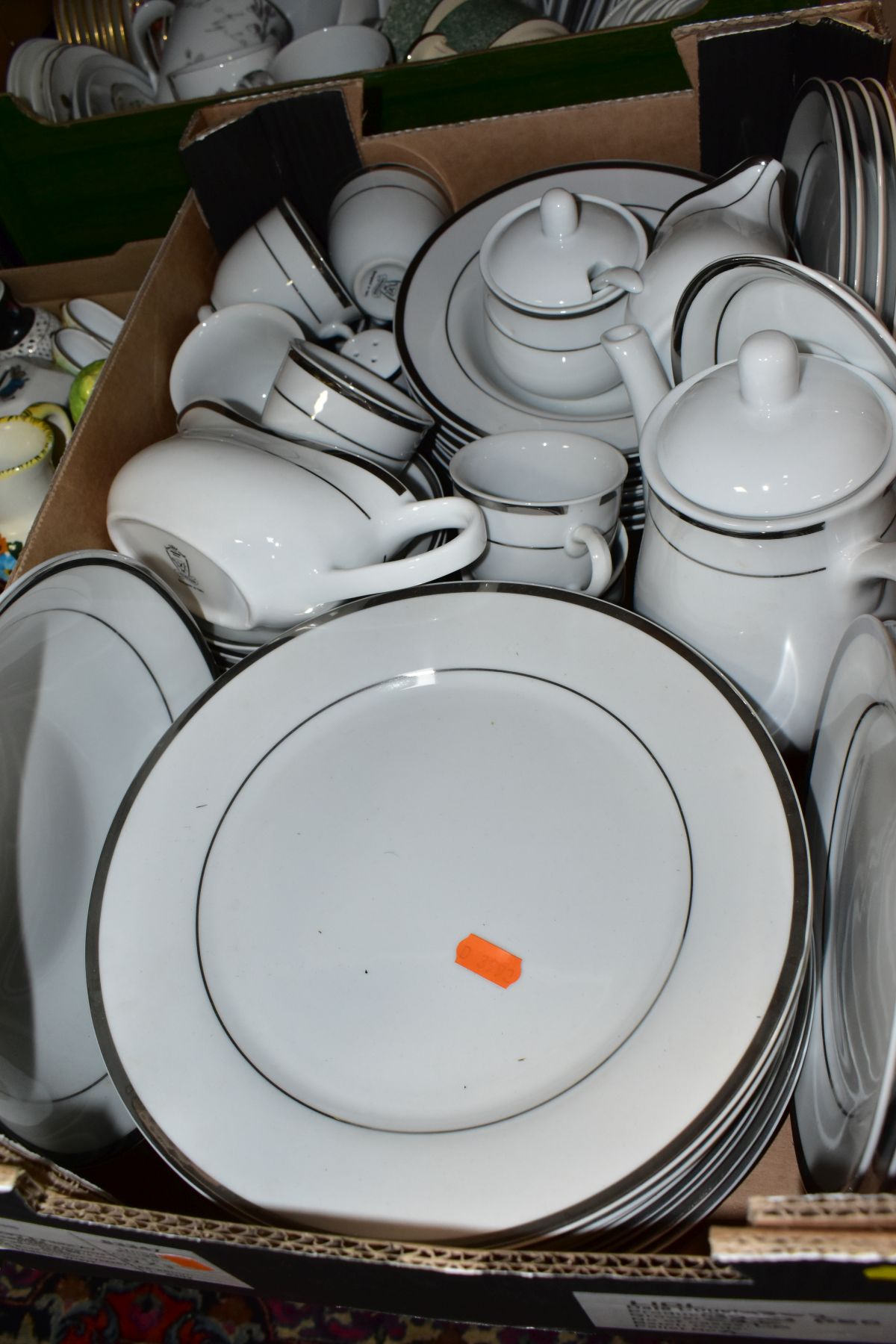 FIVE BOXES OF CERAMICS, ETC, including a modern Italian white and silver lustre part dinner service, - Image 2 of 11