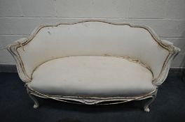 A LOUIS XV STYLE PAINTED SOFA, with an arched back and scrolled legs, length 138cm (condition:-ideal