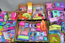 FIVE BOXES CONTAINING AN EXTENSIVE COLLECTION OF POLLY POCKET PLAYSETS, VEHICLES, DOLLS AND