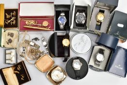 AN ASSORTMENT OF WATCHES AND JEWELLERY, to include boxed silver cufflinks with a foliage engraved