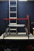 A PAIR OF SEALEY FOLDING METAL TRESTLES height 79cm width 99cm, a folding aluminium steps width 78cm