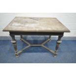 A FRENCH OAK DINING TABLE, on turned legs united by a cross stretcher, 116cm x 86cm x height 78cm (