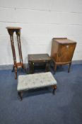 A WALNUT SINGLE DOOR BEDSIDE CABINET, 41cm squared x height 77cm, along with an oak nest of three