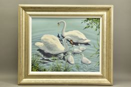 FRED ARIS (BRITISH 1932-1995) 'SWANS AND CYGNETS', birds in a natural setting, signed bottom