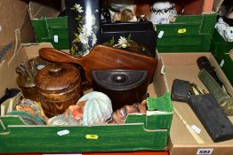 THREE BOXES OF CERAMICS, GLASSWARES, TREEN AND SUNDRY VINTAGE ITEMS, to include a bone carved letter