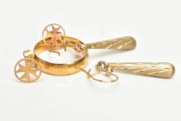 A 22CT GOLD BAND RING AND TWO PAIRS OF EARRINGS, the band of a plain polished design, approximate