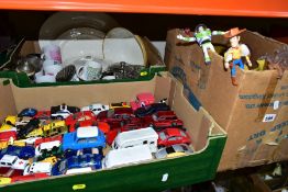 THREE BOXES OF TOYS AND CERAMICS ETC, to include a quantity of unboxed and assorted modern diecast