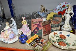 A GROUP OF CERAMICS AND CUT GLASS WARES WITH FOUR FOOTBALL ANNUALS, to include an Aynsley Orchard