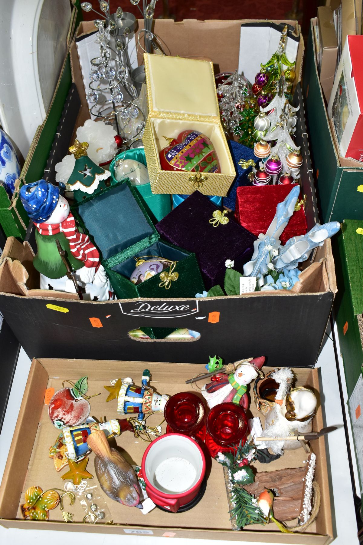 TWO BOXES OF CHRISTMAS DECORATIONS, contemporary or late 20th Century, to include glass and