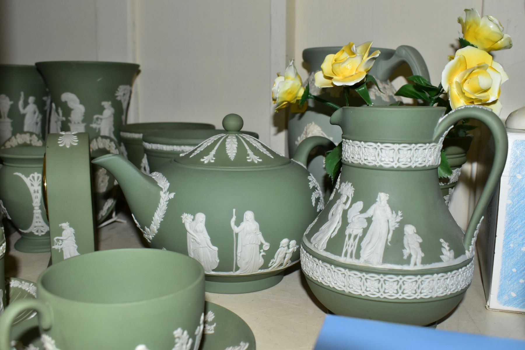 THIRTY EIGHT PIECES OF WEDGWOOD JASPERWARE, with a pale green jug with stamped mark Dudson, - Image 5 of 10