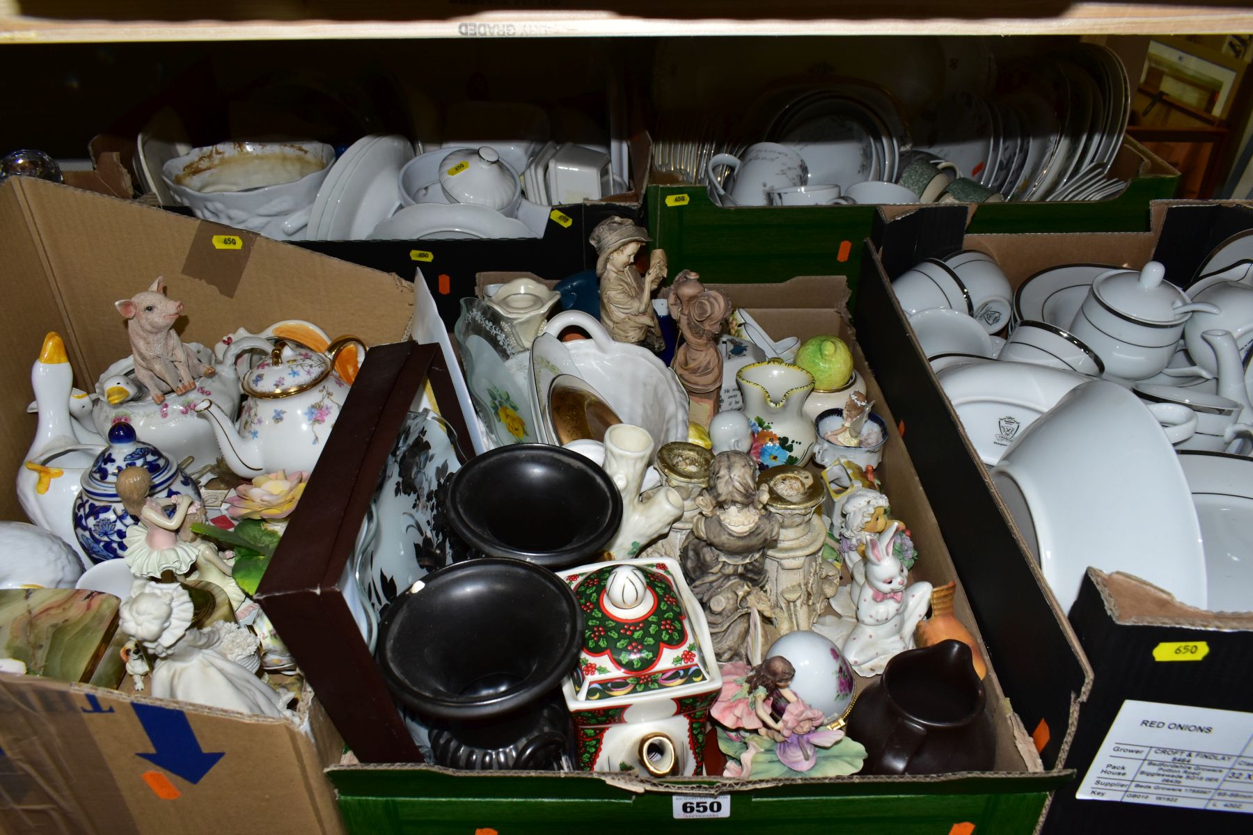 FIVE BOXES OF CERAMICS, ETC, including a modern Italian white and silver lustre part dinner service,