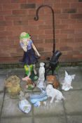 A COLLECTION OF VARIOUS GARDEN ORNAMENTS to include a painted girl blowing on a butterfly, height