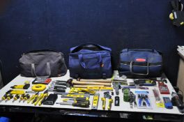 THREE BAGS OF TOOLS to contain various hand tools, hammers allen keys, circlip pliers, drill bits,