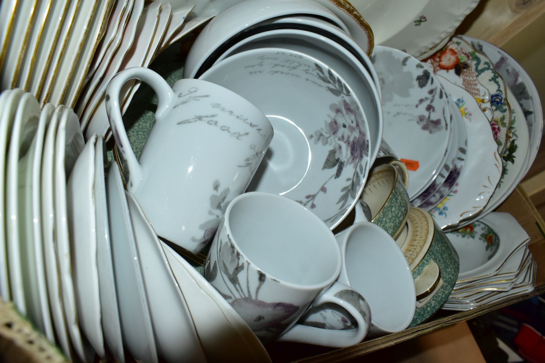 FIVE BOXES OF CERAMICS, ETC, including a modern Italian white and silver lustre part dinner service, - Image 10 of 11