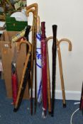 A BOX CONTAINING WALKING STICKS AND UMBRELLAS, to include two rustic hill walking sticks, carved