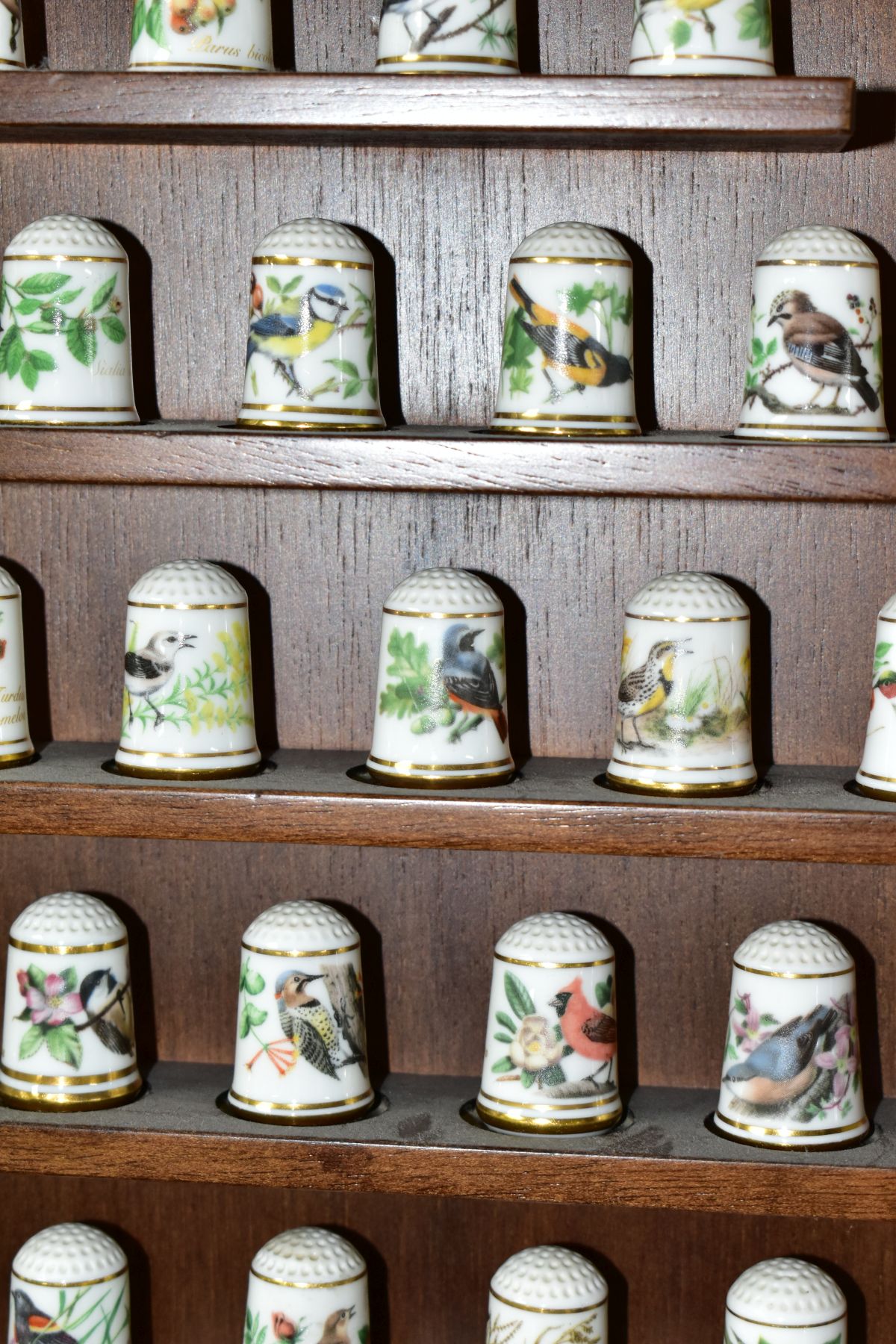 TWO WALL HANGING THIMBLE DISPLAY SHELVES CONTAINING MODERN PORCELAIN THIMBLES, comprising a set of - Image 5 of 15