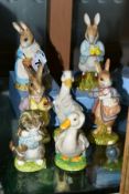 SEVEN BESWICK BEATRIX POTTER FIGURES, all BP10b, comprising boxed Mrs Rabbit Cooking, boxed Peter