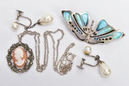 THREE PIECES OF JEWELLERY, to include a white metal enamelled butterfly brooch, fitted with a brooch