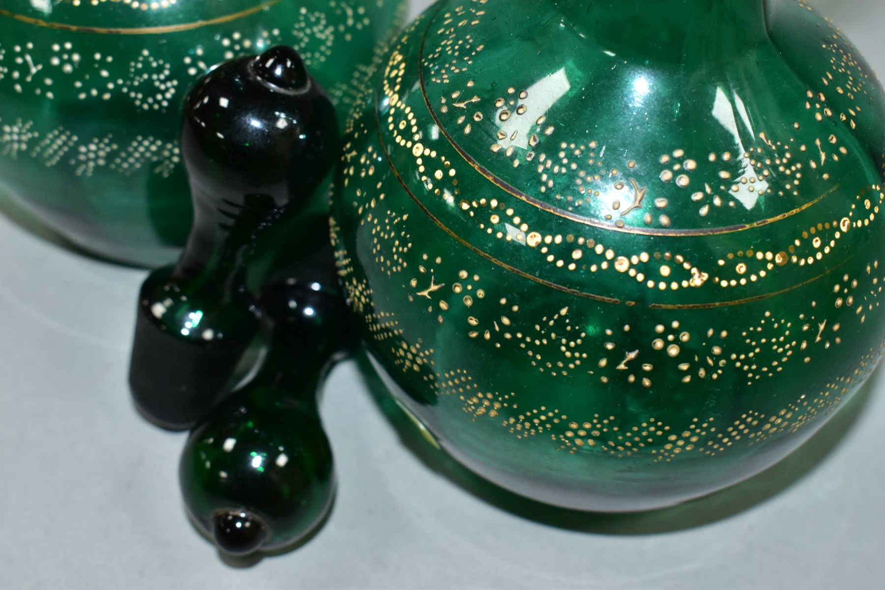 A PAIR OF VICTORIAN GREEN GLASS DECANTERS, with stoppers and four bands of dotted floral and other - Image 9 of 10