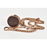 A 9CT ROSE GOLD SWIVEL FOB PENDANT AND ALBERT CHAIN, the fob of a circular form set with a