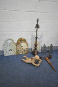 A COLLECTION OF MISCELLANEOUS, to include two longcase clock dial faces, a tall brass table lamp,