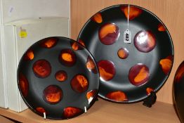 TWO BOXED POOLE POTTERY GALAXY DESIGN PLATES, the larger one printed 'Millennium Preview Edition ,
