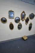 NINE VARIOUS WALL MIRRORS, to include to a circular Regency style convex wall mirror, diameter 35cm,