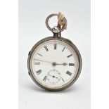 A SILVER OPEN FACE POCKET WATCH, round white dial, Roman numerals, seconds subsidiary dial at the